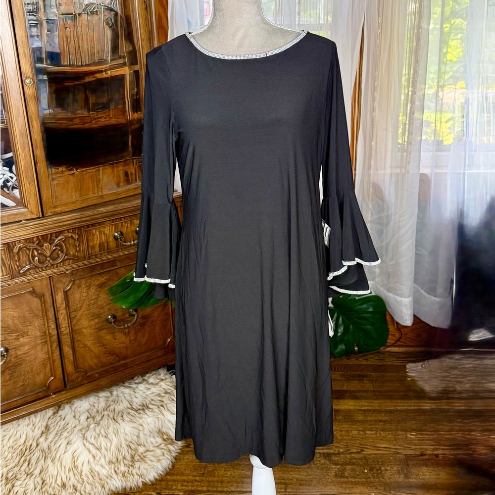 MSK Black Dress with Rhinestone Trim and Bell Sleeves